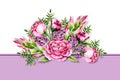 ÃÂ¡ard with watercolor pink peonies, green sprigs and purple berries. Template with hand painted flowers and leaves